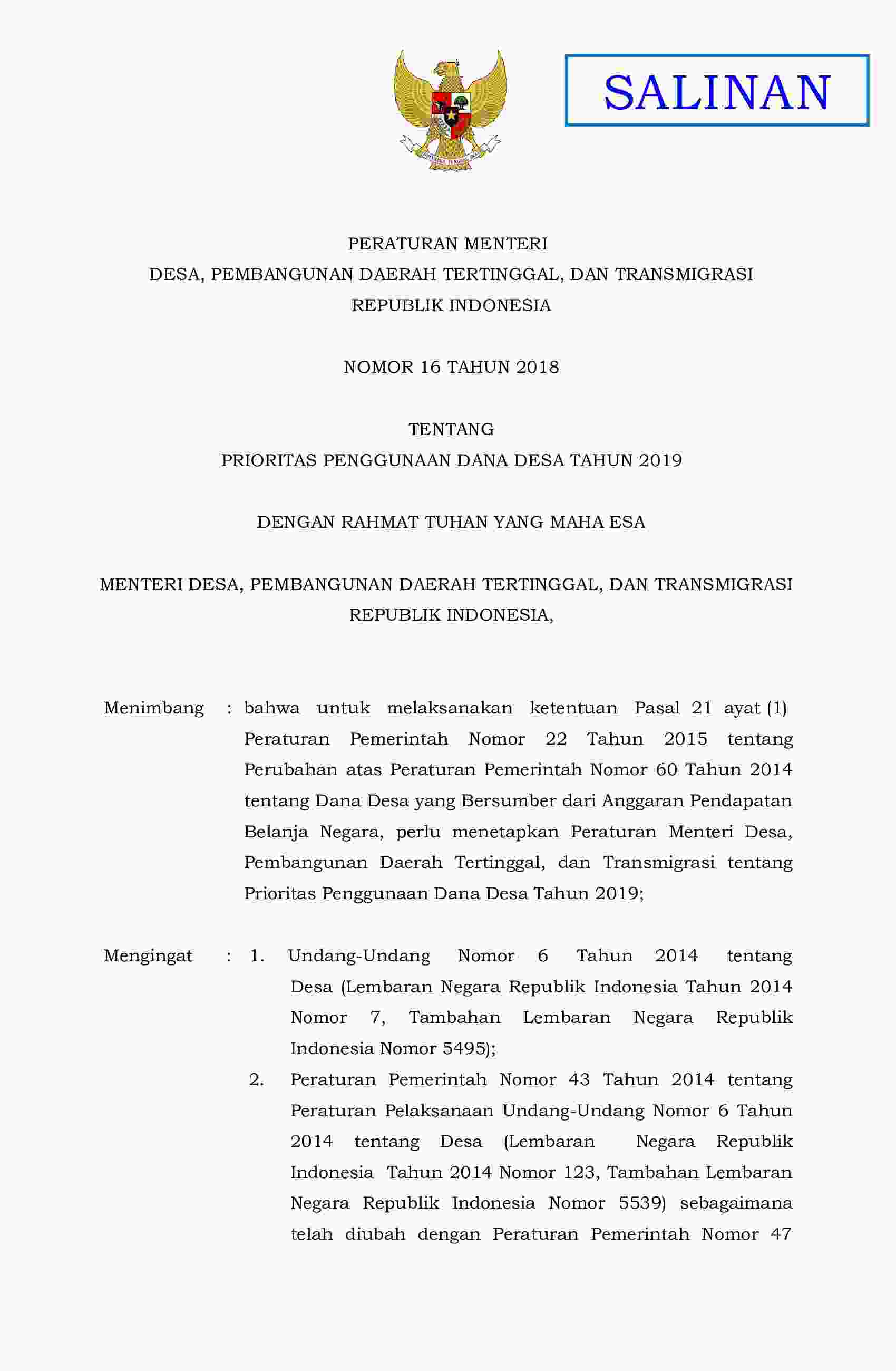 2. kepmen desa pdtt nomor 16 tentang prioritas penggunaan dana desa 2019