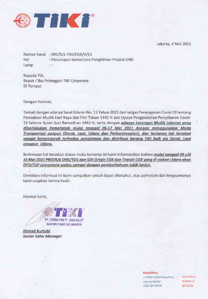 surat penutupan sementara produk ons